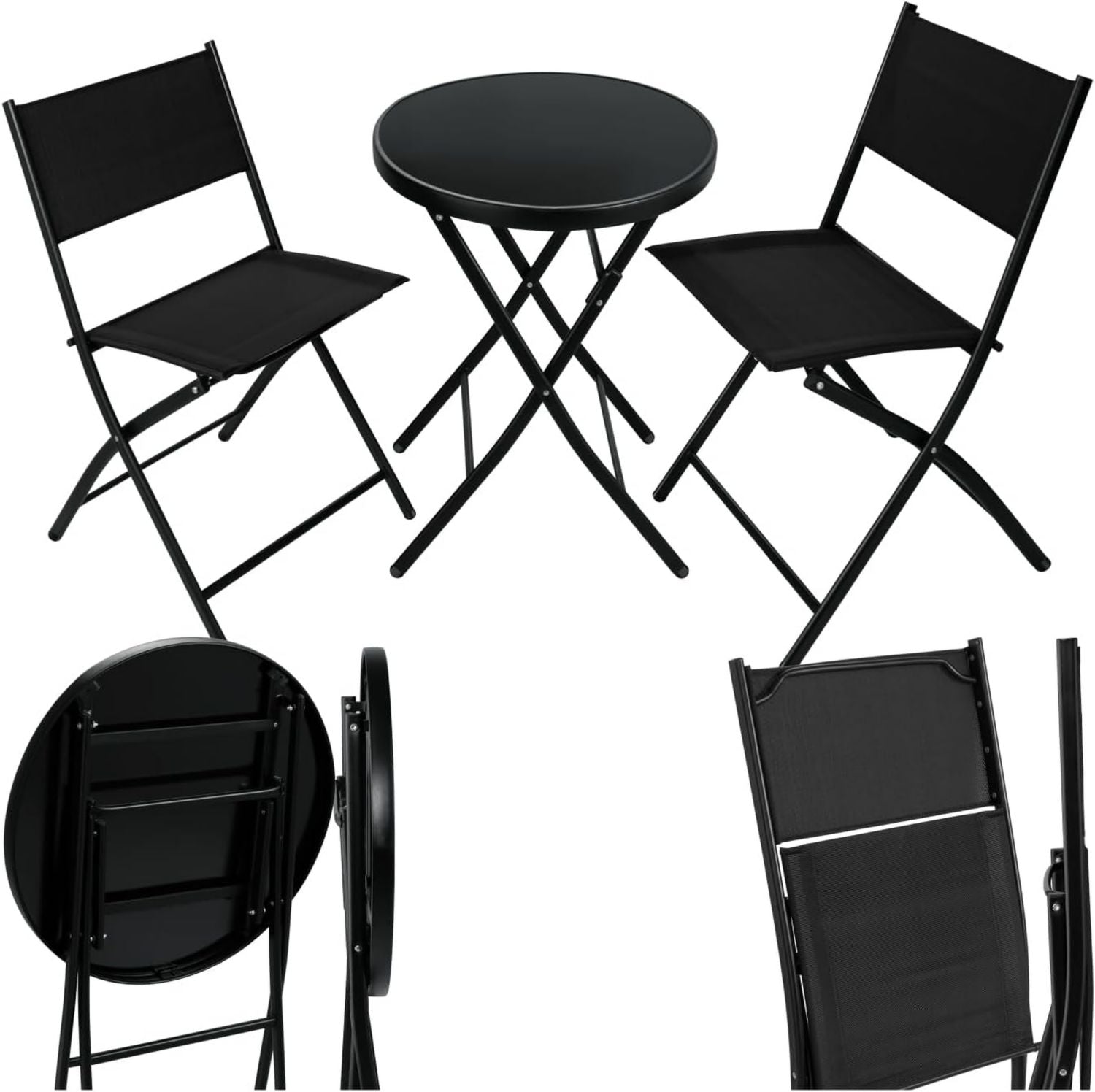 Hochwertige tectake Bistroset und 2 x kleiner runder Esstisch Klapptisch und Klappstuehle Set platzsparende Moebel wetterresistent geeignet fuer Balkon Terrasse Gartenmoebel schwarz Variante 458