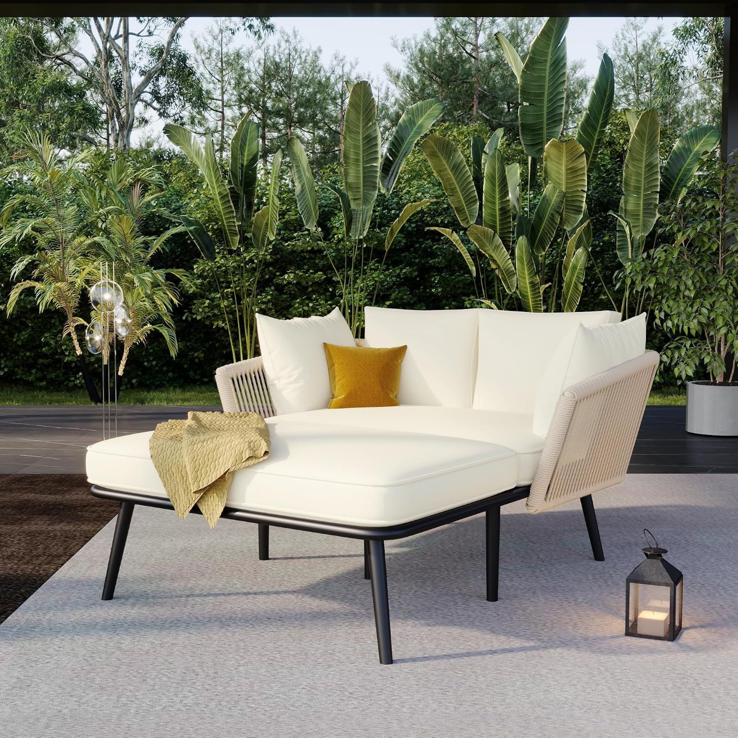 Hochwertige Merax Sonnenliege ausgestattet mit 2 Kissen und 2 Polster Liegestuhl mit abnehmbar und waschbar Kissen geeignet fuer Balkon Terrasse Gartenlounge Set Beige Variante 156