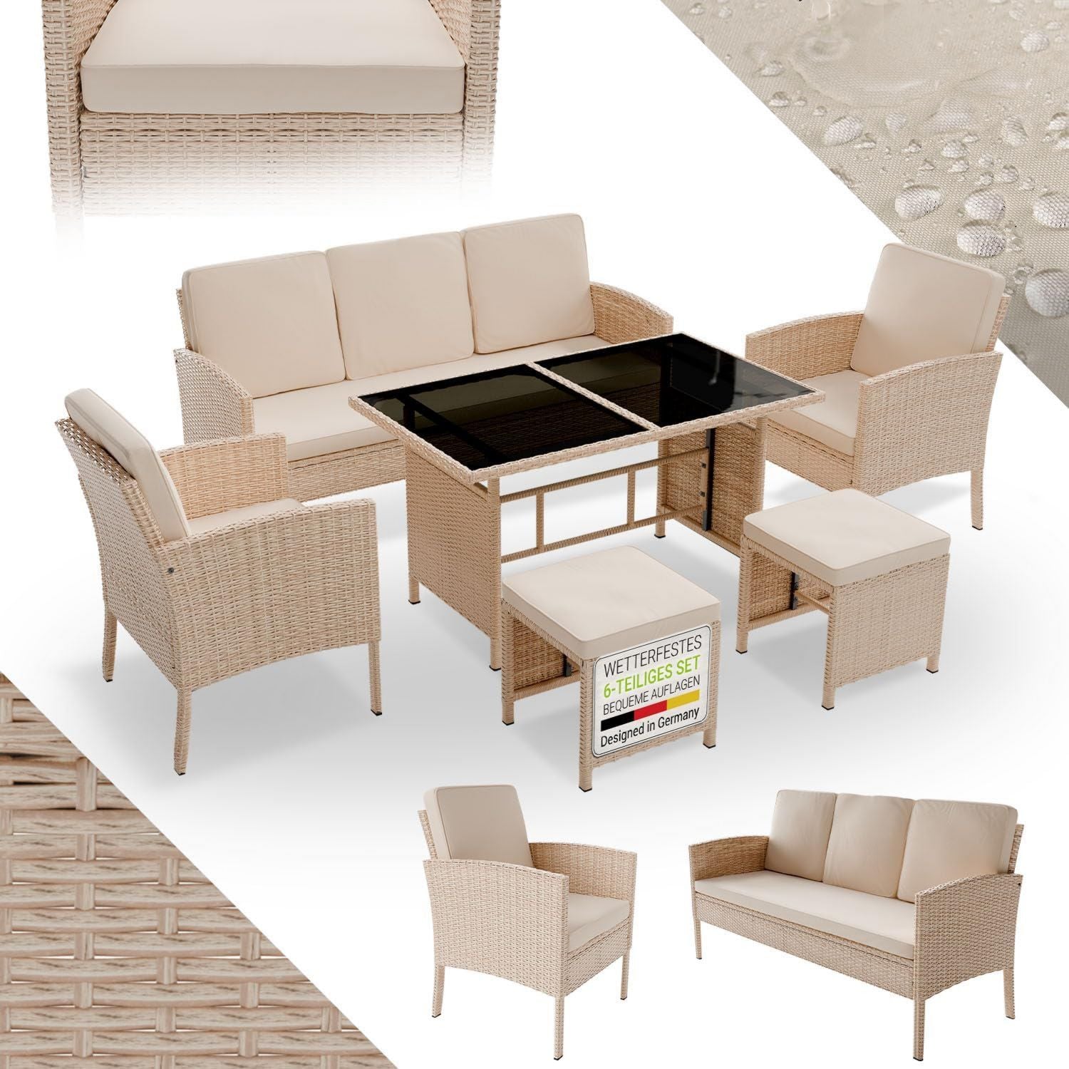 Hochwertige Gartenmoebel Set Polyrattan 6 teilig Lounge Moebel Turin geeignet fuer 7 Personen ausgestattet mit Sitzgelegenheitenn Sitzsitzhockern Kissen witterungsbestaendige Balkonmoebel GartenloungeSet Creme Variante 395