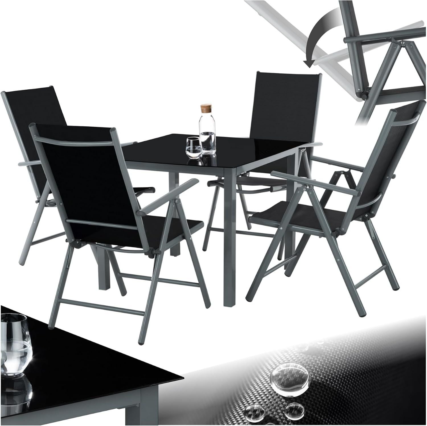 Hochwertige tectake Gartenmoebel Set ausgestattet mit und 4 klappbaren Stuehlen mit Verstellbarer Rueckenlehne Aluminium Gartenmoebel 4 1 Sicherheitsglas Tischplatte Gartentisch mit Stuehlen wetterbestaendig anthrazit Variante 461