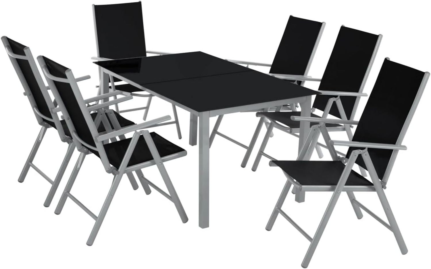 Hochwertige tectake Sitzgarnitur Aluminium Klappstuehle Lounge Set ausgestattet mit 6X Stuehle und 1x Glastisch Esstisch Gartenmoebel Set witterungsbestaendig geeignet fuer den Balkon Gartenstuehle Terrassenmoebel Liegestuhl Silber Variante 490